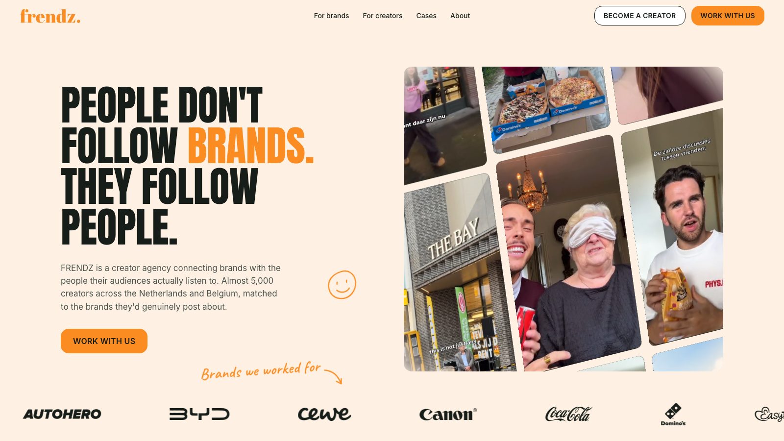 De homepage van frendz.nl met de video-beeldmuur