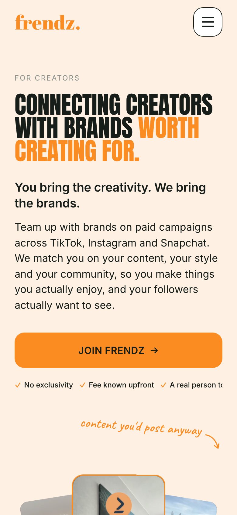 De creatorpagina van frendz.nl op mobiel