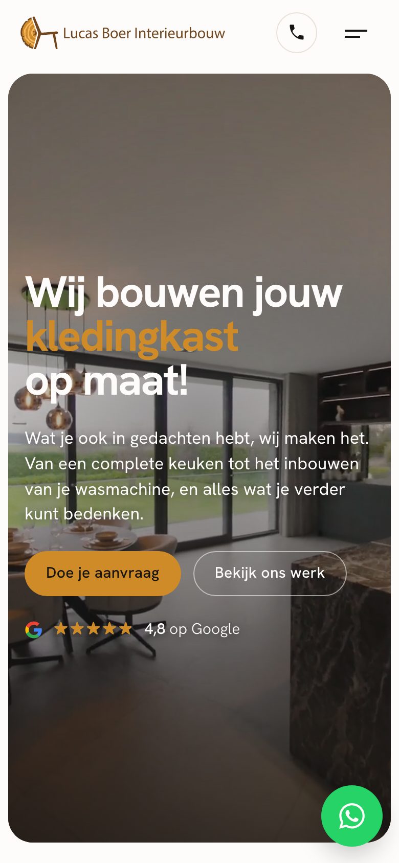 De homepage van lucasboerinterieurbouw.nl op mobiel