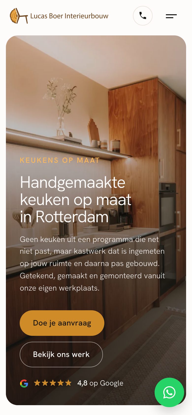 De keukenpagina van lucasboerinterieurbouw.nl op mobiel