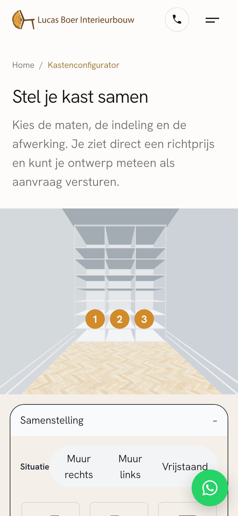 De kastenconfigurator van lucasboerinterieurbouw.nl op mobiel