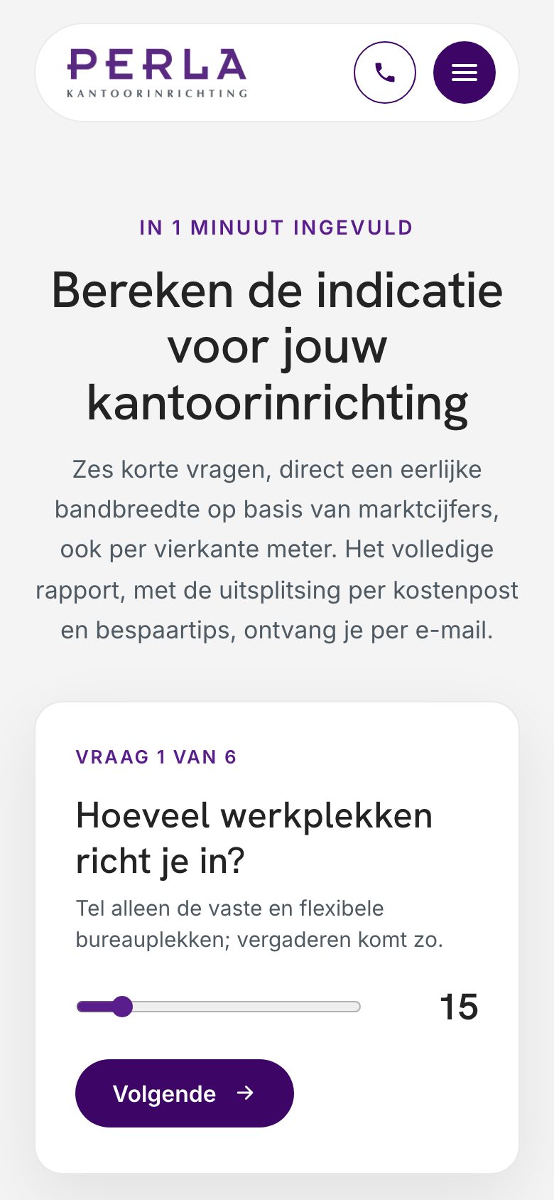 De budget-indicatie van perlakantoor.nl op mobiel
