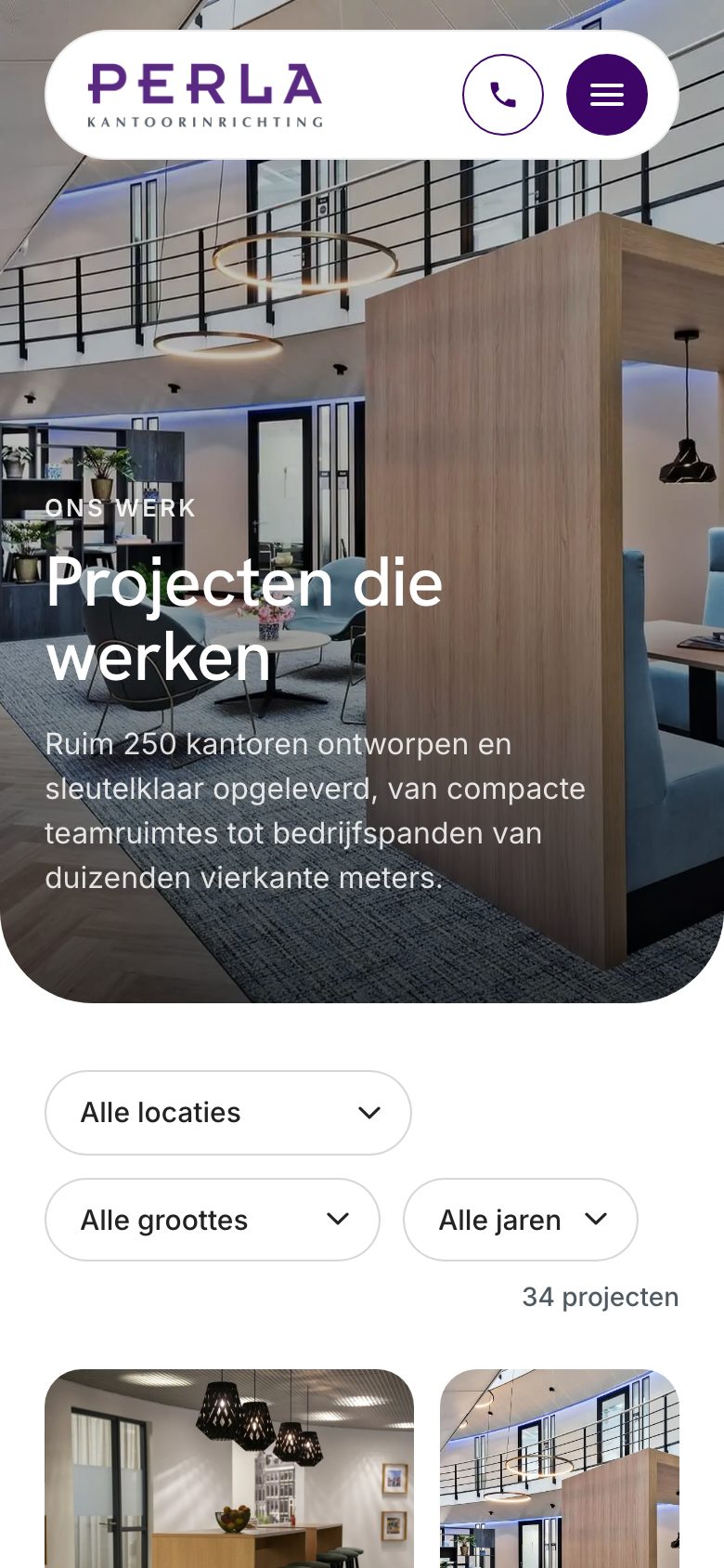 Het projectoverzicht van perlakantoor.nl op mobiel