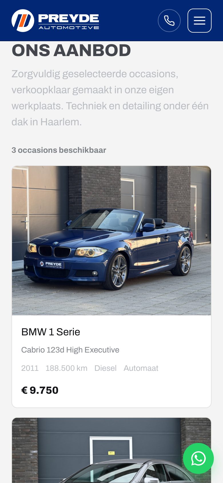 Het aanbod van preydeautomotive.nl op mobiel