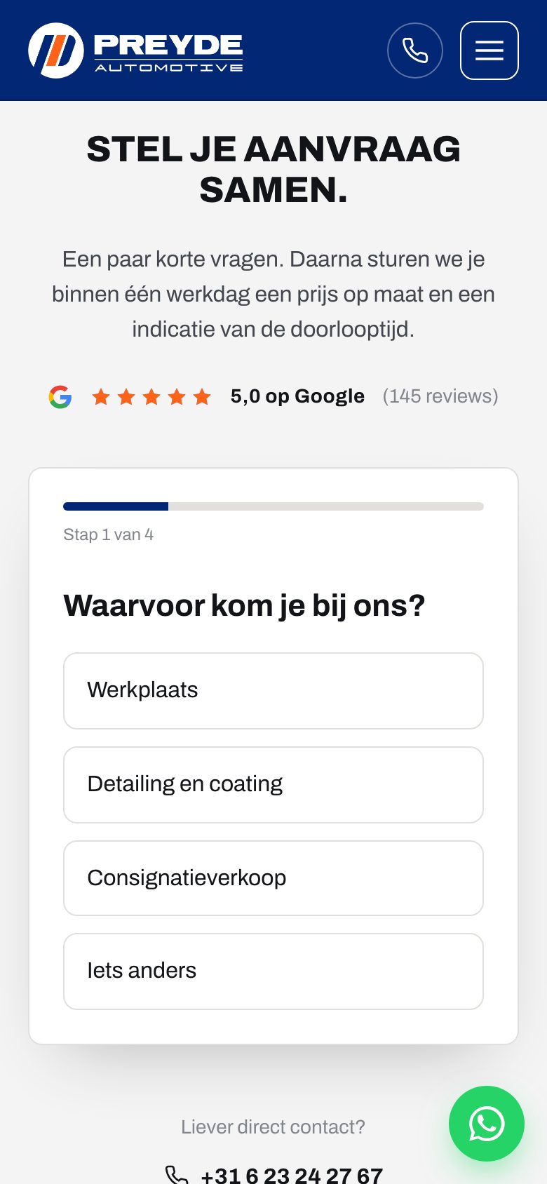 Het offerteformulier van preydeautomotive.nl op mobiel