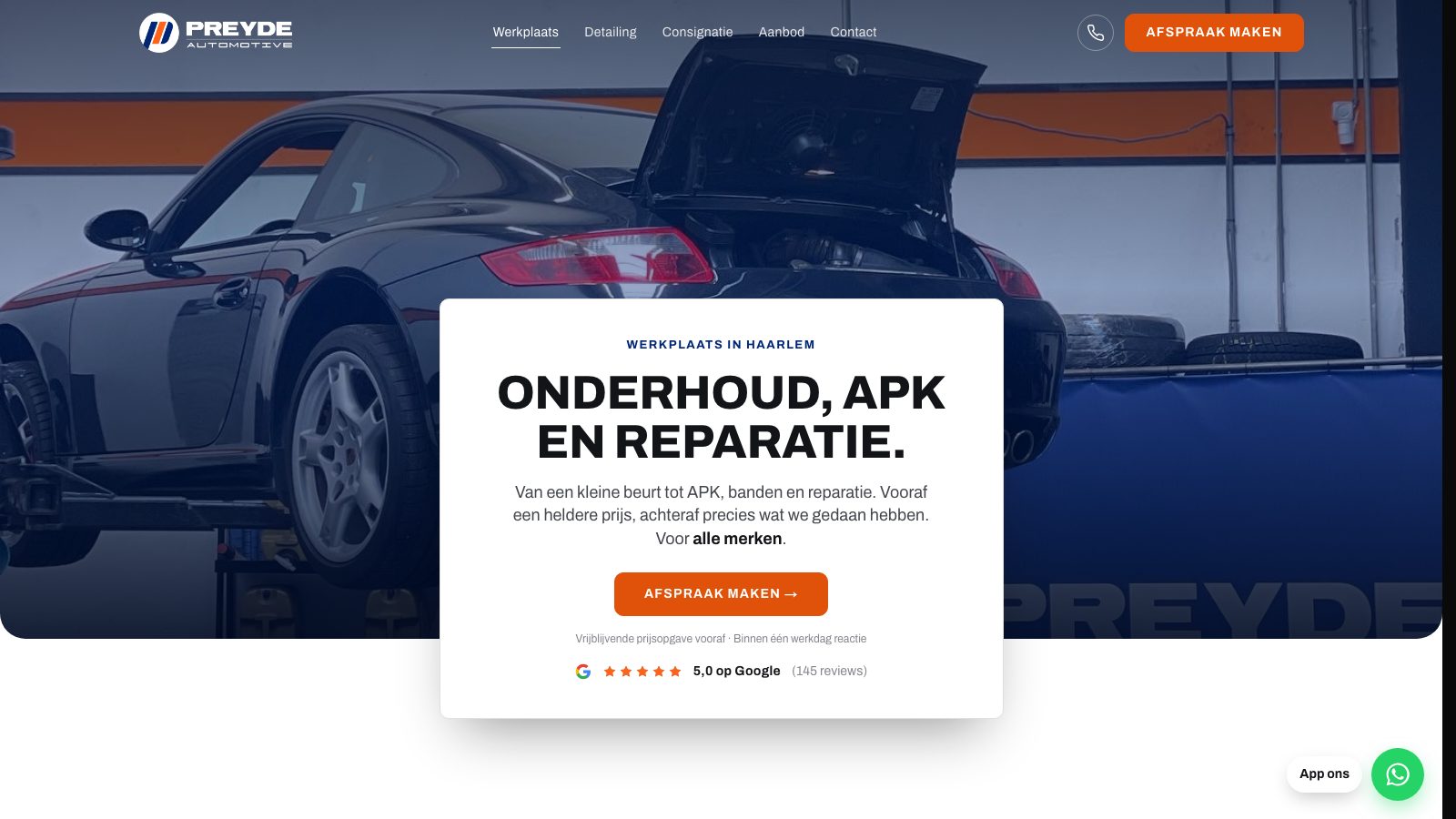 De werkplaatspagina van preydeautomotive.nl